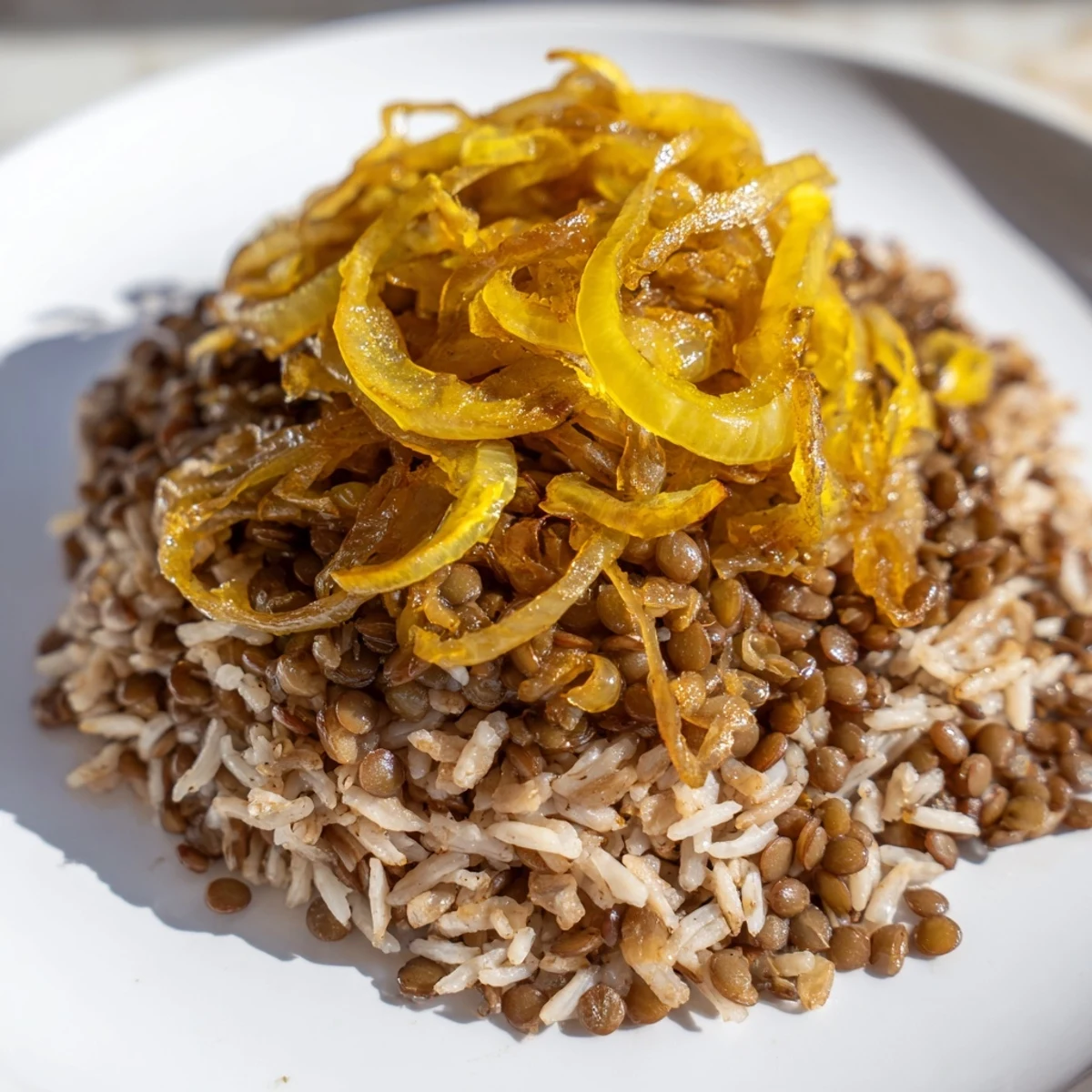 A close-up of a steaming bowl of Lebanese Mjadra, lentils and rice, ready to be enjoyed.