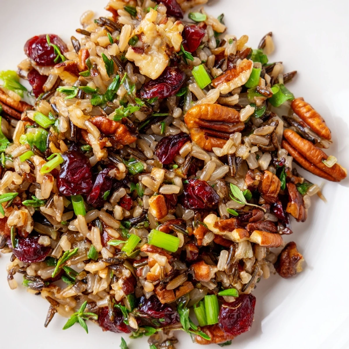 A close-up of the vibrant Wild Rice Harvest Salad, showcasing toasted pecans, dried cranberries, and fresh herbs in a light vinaigrette.