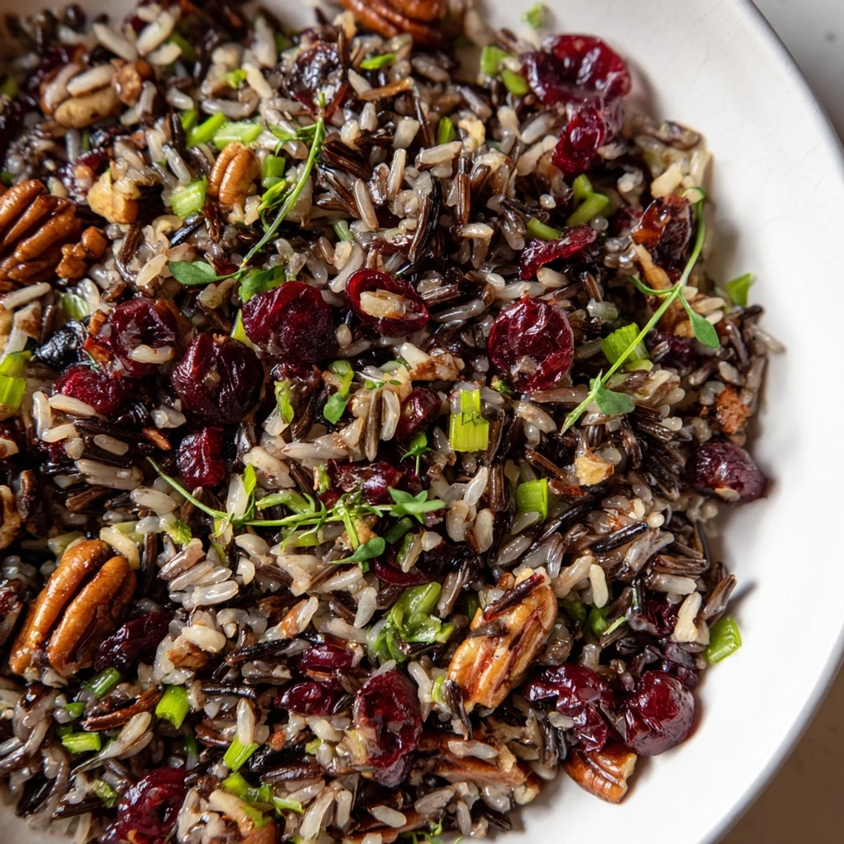 A rustic serving of Wild Rice Harvest Salad in a white bowl, perfect as a gluten-free side dish or light lunch option.