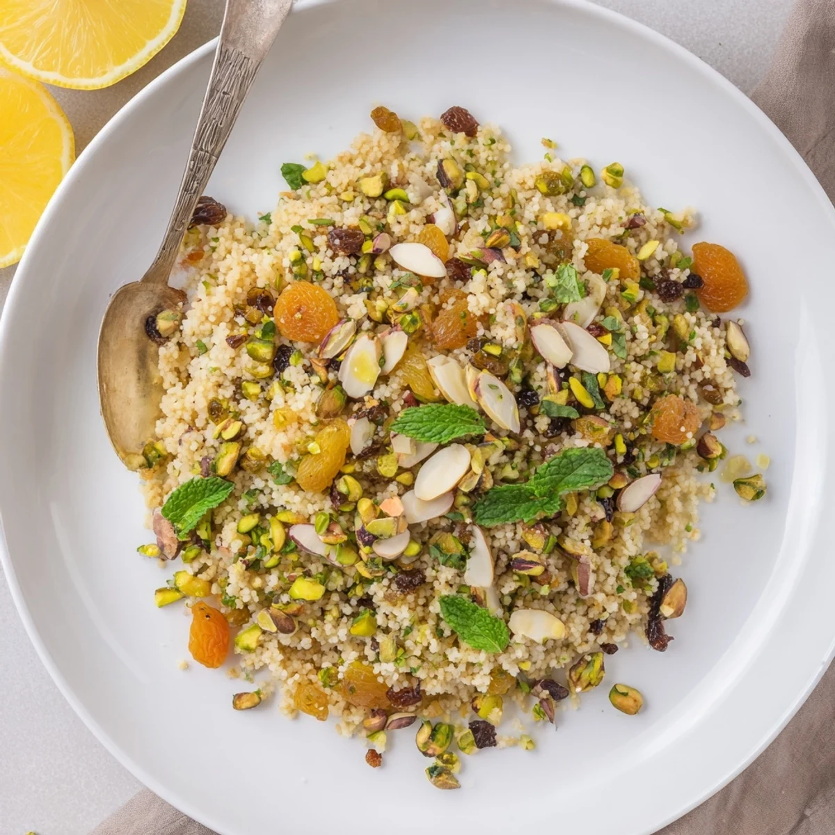 Spiced couscous pilaf with apricots, golden raisins, toasted nuts, and fresh mint, ready to serve as a side dish.