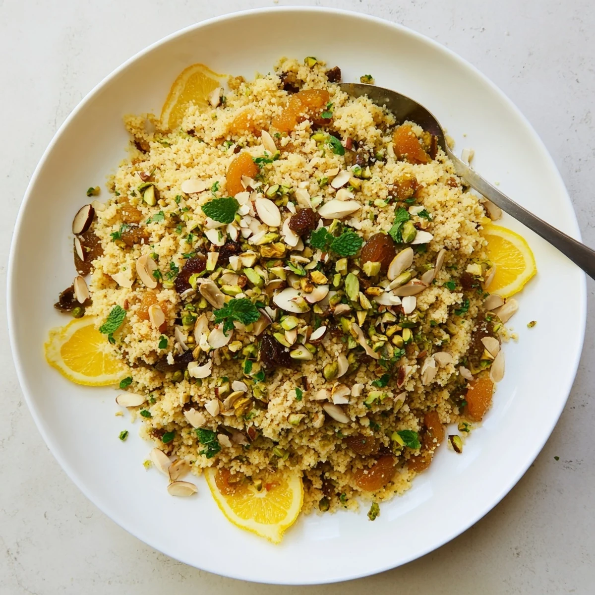 Fluffy couscous pilaf cooked in savory broth with warming spices and colorful dried fruits, sprinkled with chopped nuts.
