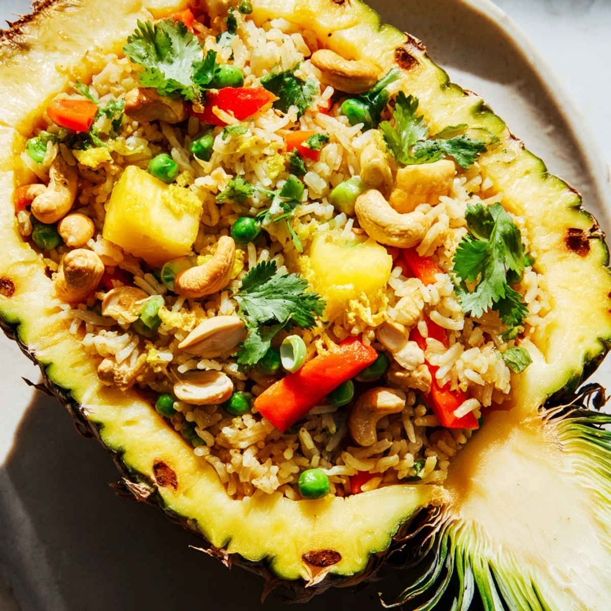 Bright pineapple fried rice in a hollowed shell, loaded with sweet pineapple chunks, crisp red bell pepper, and crunchy cashews.  