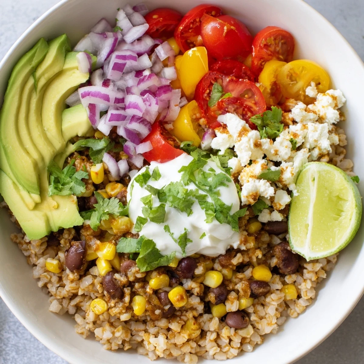 A vibrant Brown Rice Burrito Bowl topped with creamy queso and avocado slices, surrounded by colorful bell peppers and black beans.  