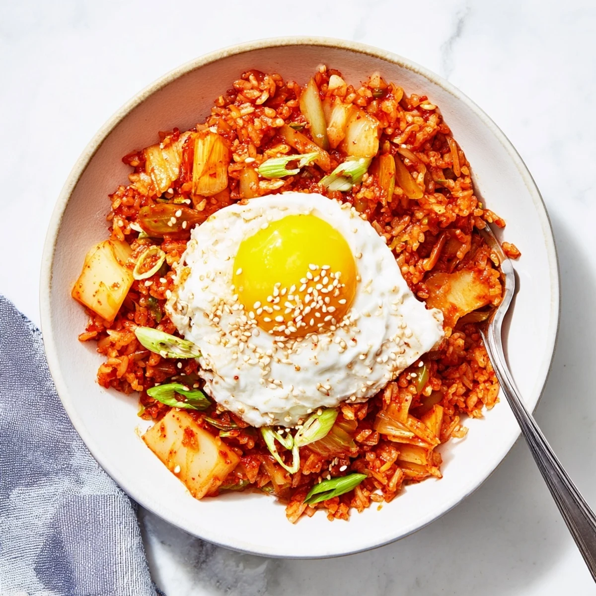 Steaming Kimchi Fried Rice in a skillet, featuring glossy grains coated in gochujang sauce with green onions and diced carrots.