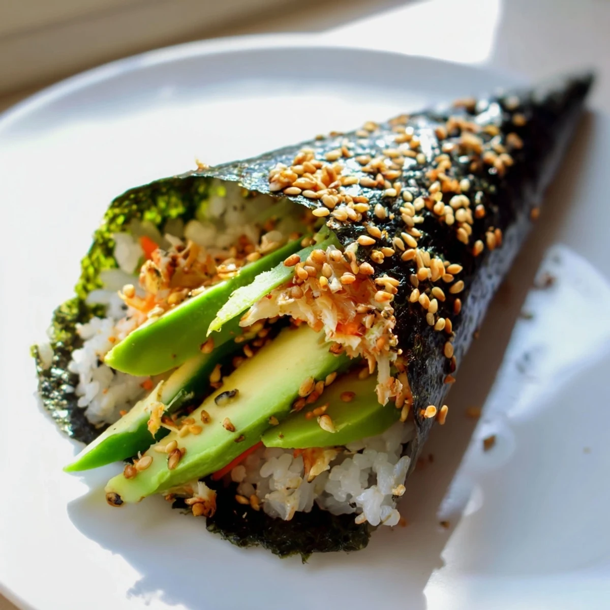 Freshly made Sushi Rice Hand Rolls with creamy avocado, crisp cucumber, and shredded crab inside nori sheets, served with soy sauce.  