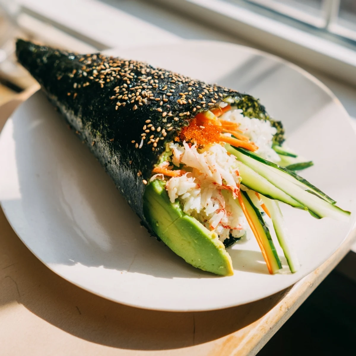 These vibrant Sushi Rice Hand Rolls feature delicate sushi rice, sweet crab, and crunchy vegetables wrapped in nori for a handheld meal.  