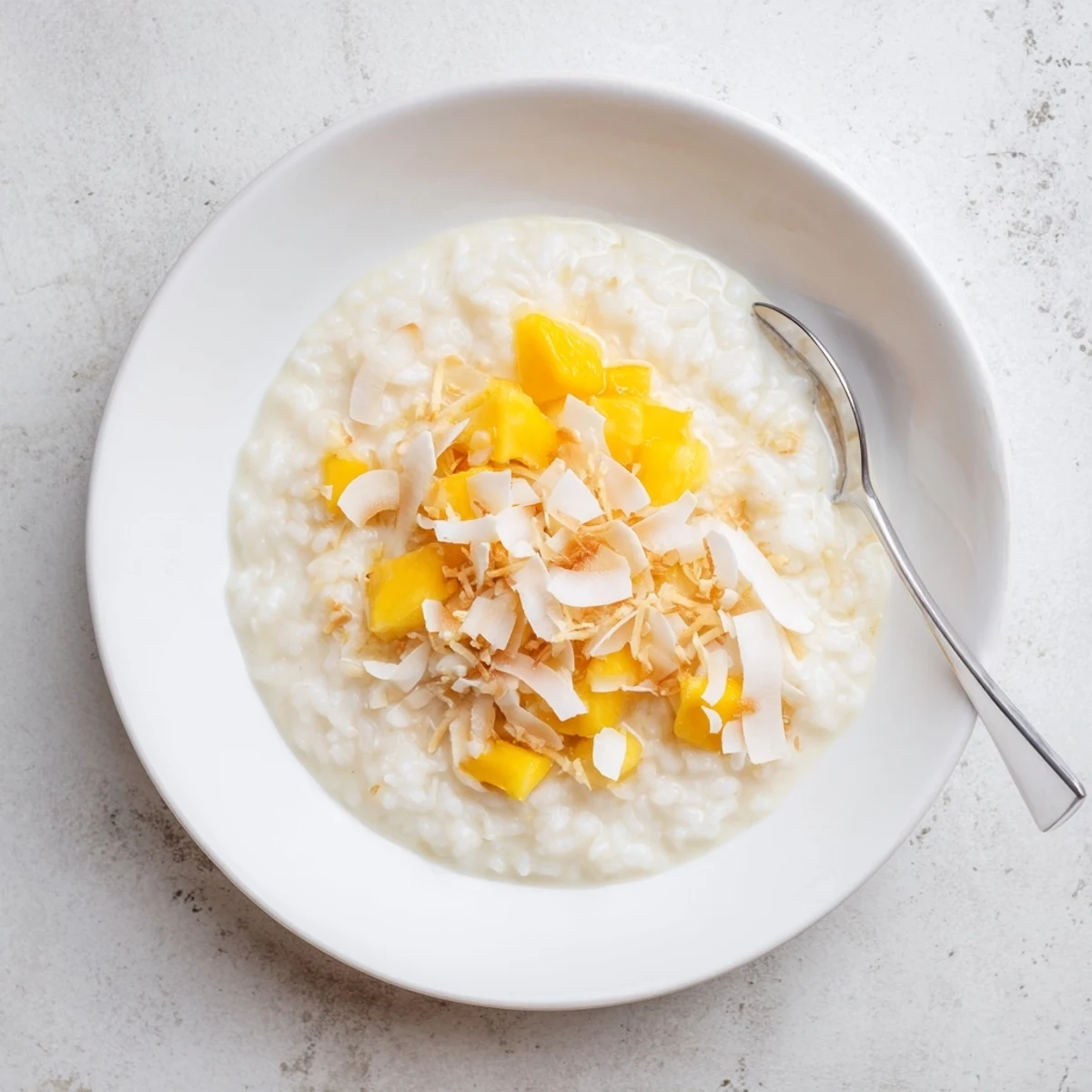 A close-up of Coconut Rice Sweet served in a white bowl, topped with toasted coconut flakes and fresh mango pieces.