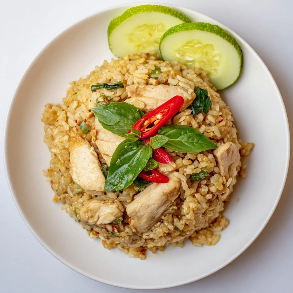 A close-up of Thai Basil Chicken Fried Rice with tender chicken, red chilies, and holy basil on white jasmine rice, served with lime and cucumber.