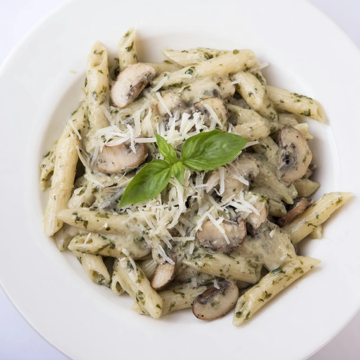 Creamy Mushroom Pesto Pasta with sautéed cremini mushrooms and fresh basil garnish.