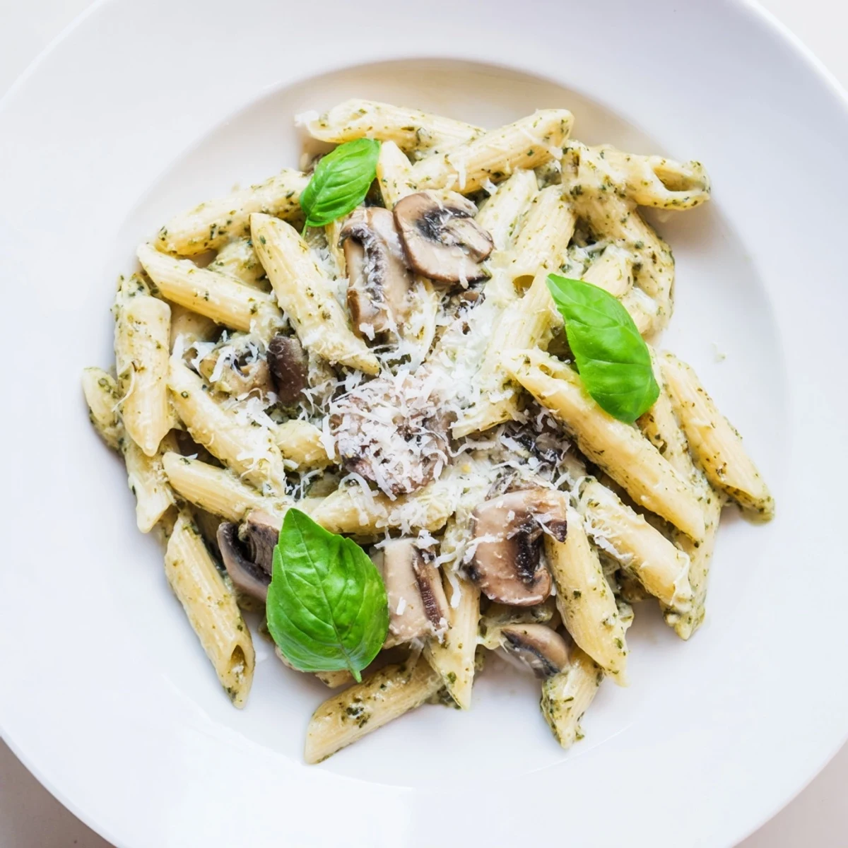 Steaming bowl of Mushroom Pesto Pasta featuring al dente penne in a rich, creamy sauce.