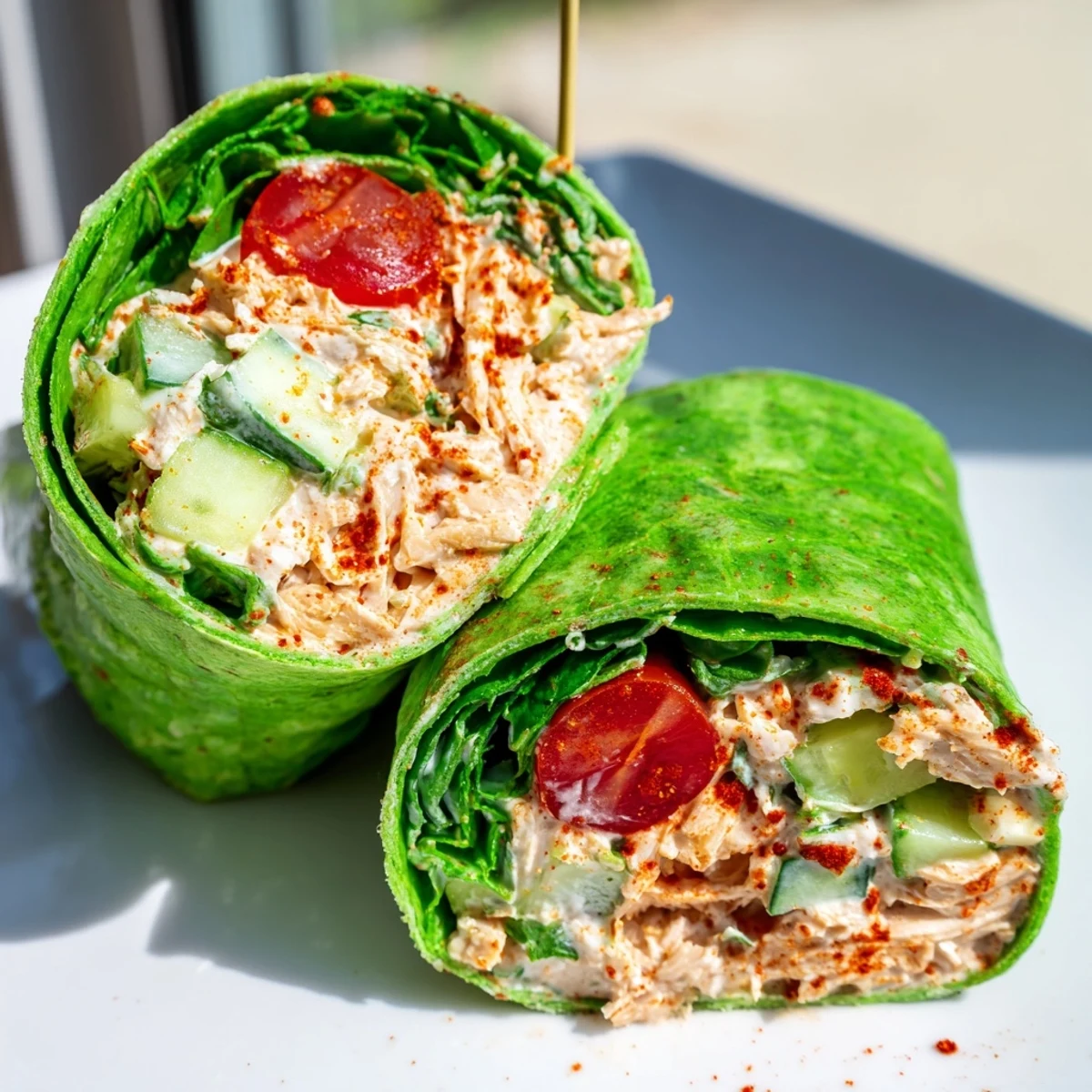 Freshly prepared BBQ Chicken Salad Wrap with shredded chicken, crisp romaine, and juicy tomatoes on a vibrant spinach tortilla.