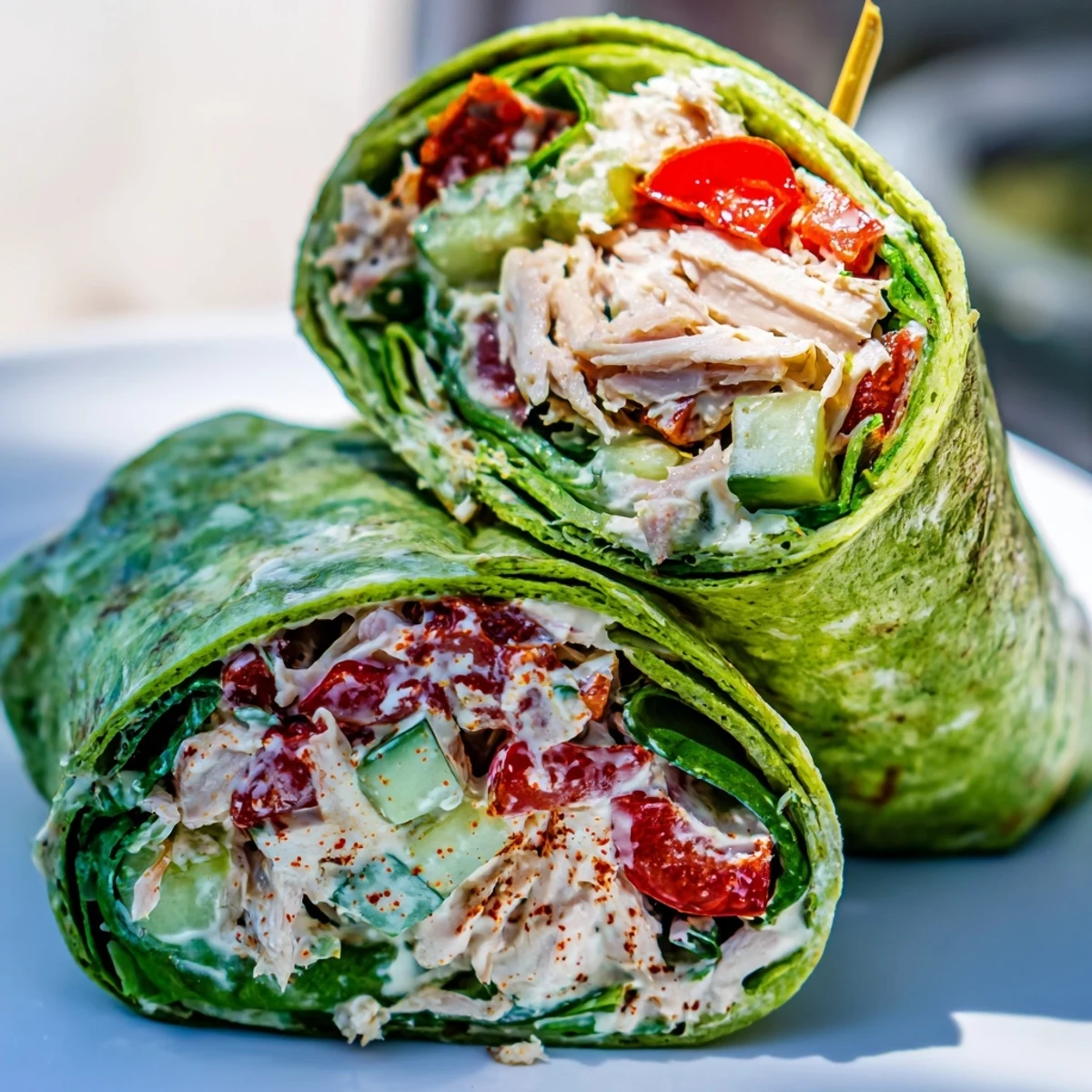 Lunch-ready BBQ Chicken Salad Wrap halves on a plate, garnished with extra red onion and a sprinkle of paprika.