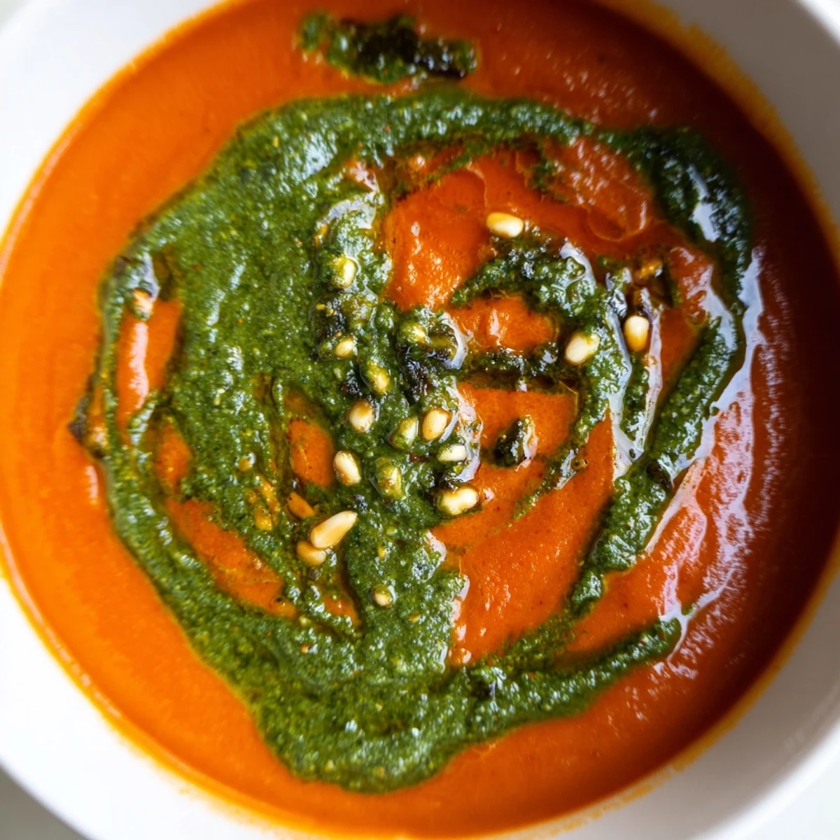 A bowl of creamy tomato soup with basil pesto swirl garnished with fresh basil leaves.  