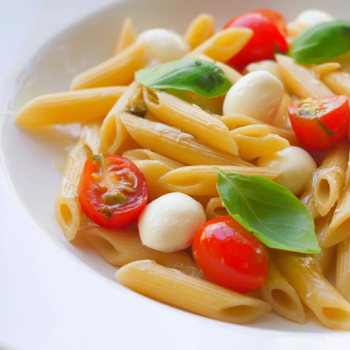 A close-up of Caprese Salad Pasta with halved cherry tomatoes, mozzarella pearls, and fresh basil tossed in al dente pasta, glistening with olive oil and balsamic glaze.
