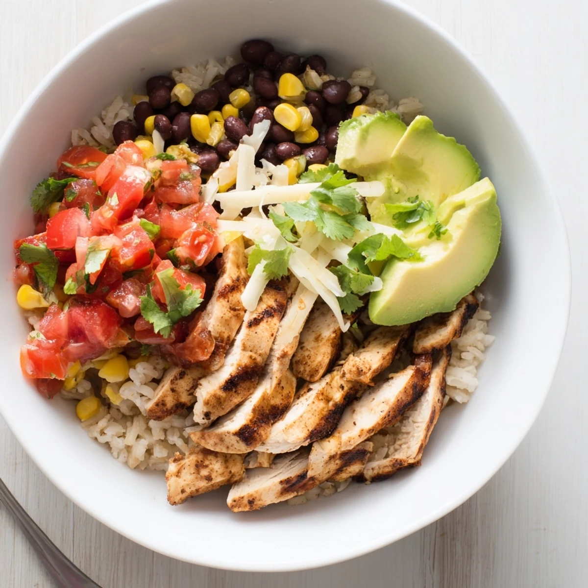Vibrant spicy chicken burrito bowl with fluffy rice, black beans, and sweet corn, topped with fresh salsa and creamy avocado slices.
