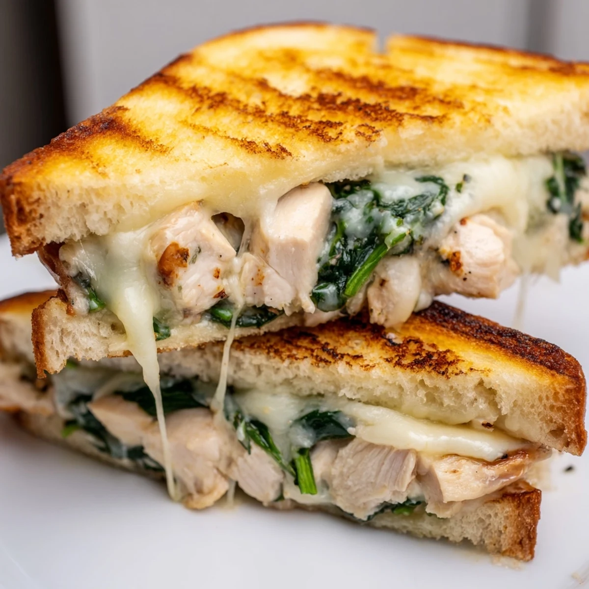 Golden-brown Grilled Chicken Spinach Panini with melted mozzarella and fresh spinach between crusty bread slices.  