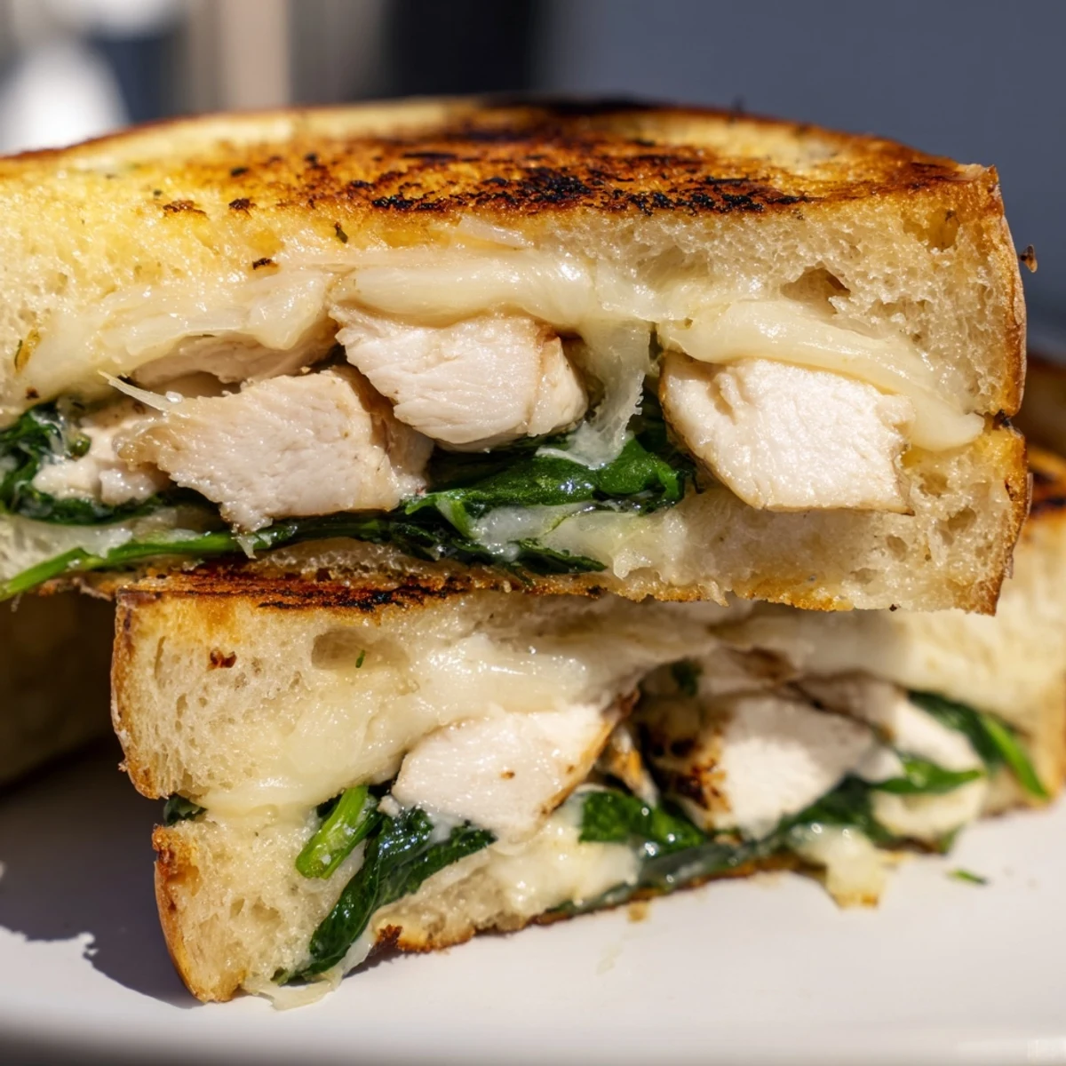 Close-up of Grilled Chicken Spinach Panini showing juicy grilled chicken, garlic butter, and melted cheese.