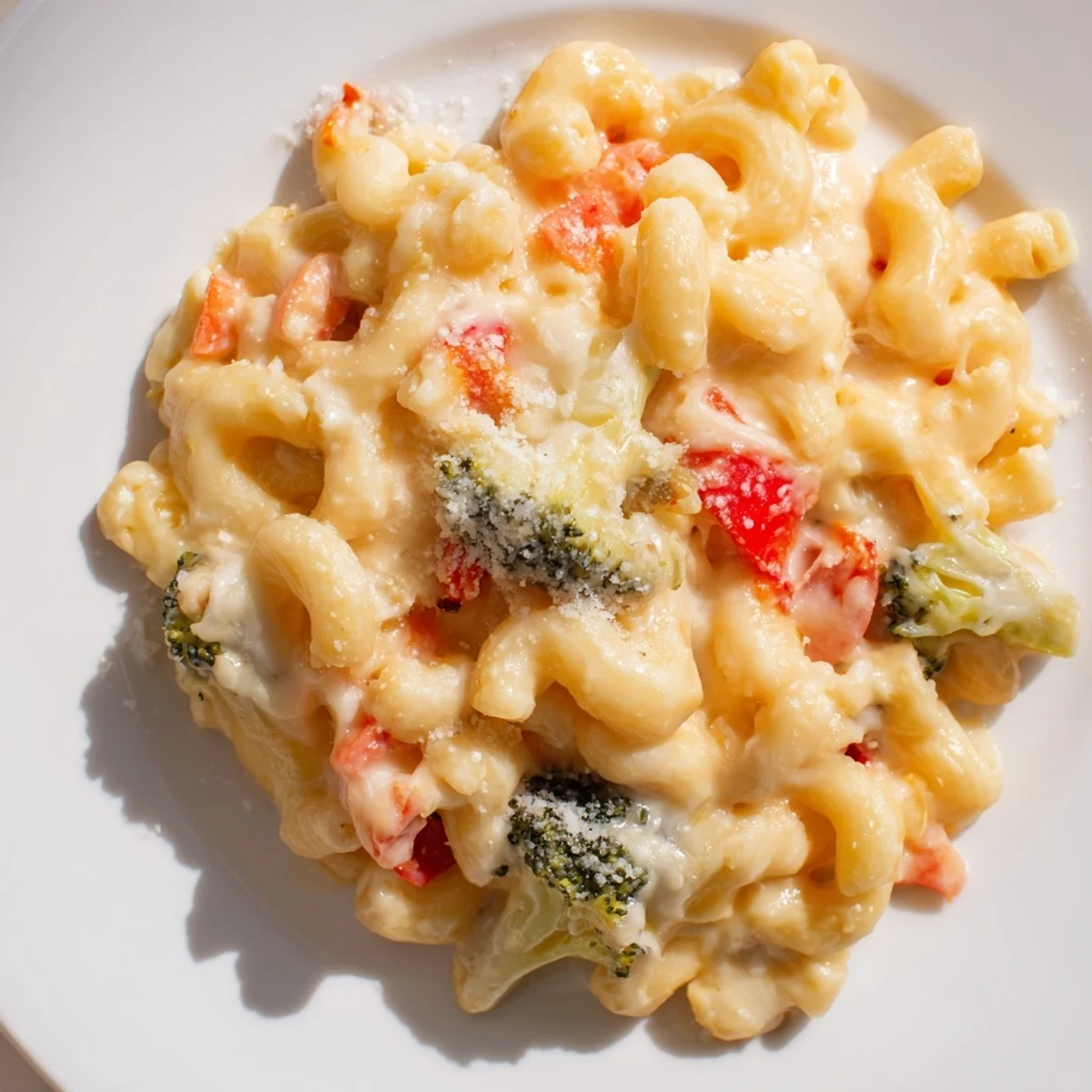 Golden roasted vegetables like red bell pepper and broccoli mix with creamy cheddar sauce in this comforting Roasted Veggie Mac & Cheese, served steaming in a white bowl.