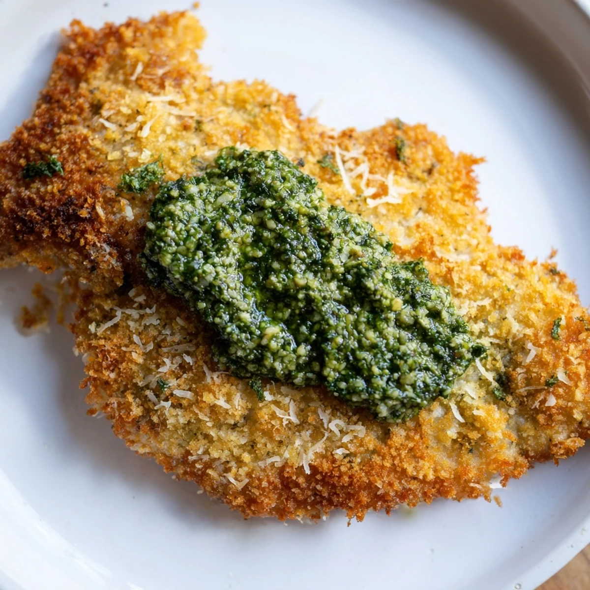 Golden-brown Crispy Pesto Chicken Cutlets topped with vibrant green pesto and a sprinkle of Parmesan.