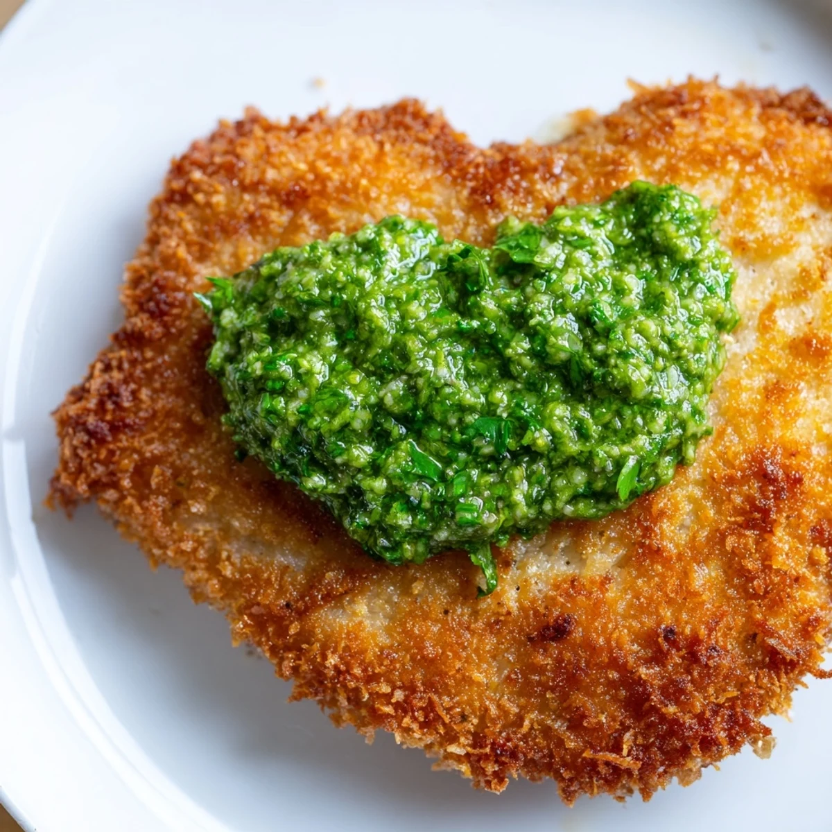 Juicy Crispy Pesto Chicken Cutlets arranged on a plate with a side salad and white wine.
