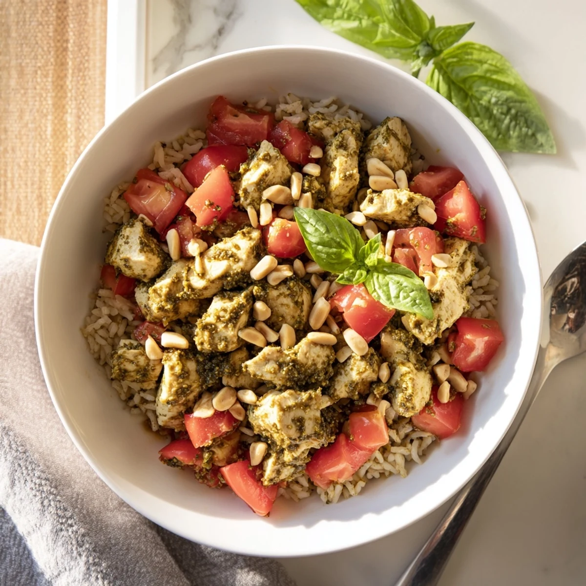 A close-up of a colorful Chicken Pesto Rice Bowl featuring juicy tomatoes and tender herb-coated chicken over fluffy grains.
