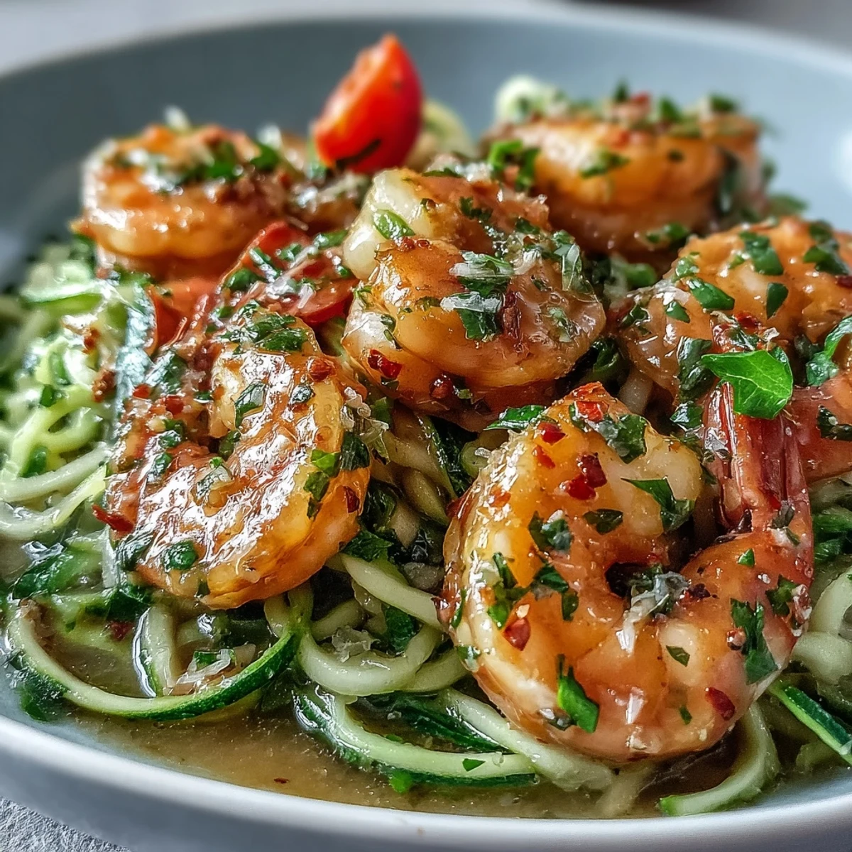 Freshly sautéed Skinny Shrimp Scampi with Zucchini Noodles in a lemon-garlic sauce, topped with parsley and cherry tomatoes.