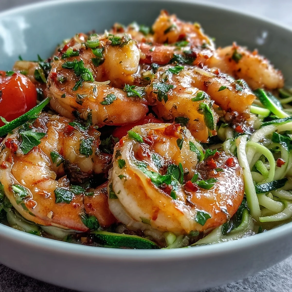 Tender shrimp and crisp zucchini noodles for Skinny Shrimp Scampi served warm, garnished with Parmesan and a lemon wedge.