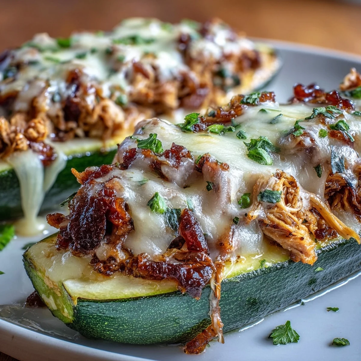 A tray of tender zucchini boats filled with shredded BBQ chicken and melted cheddar cheese, garnished with fresh cilantro.  