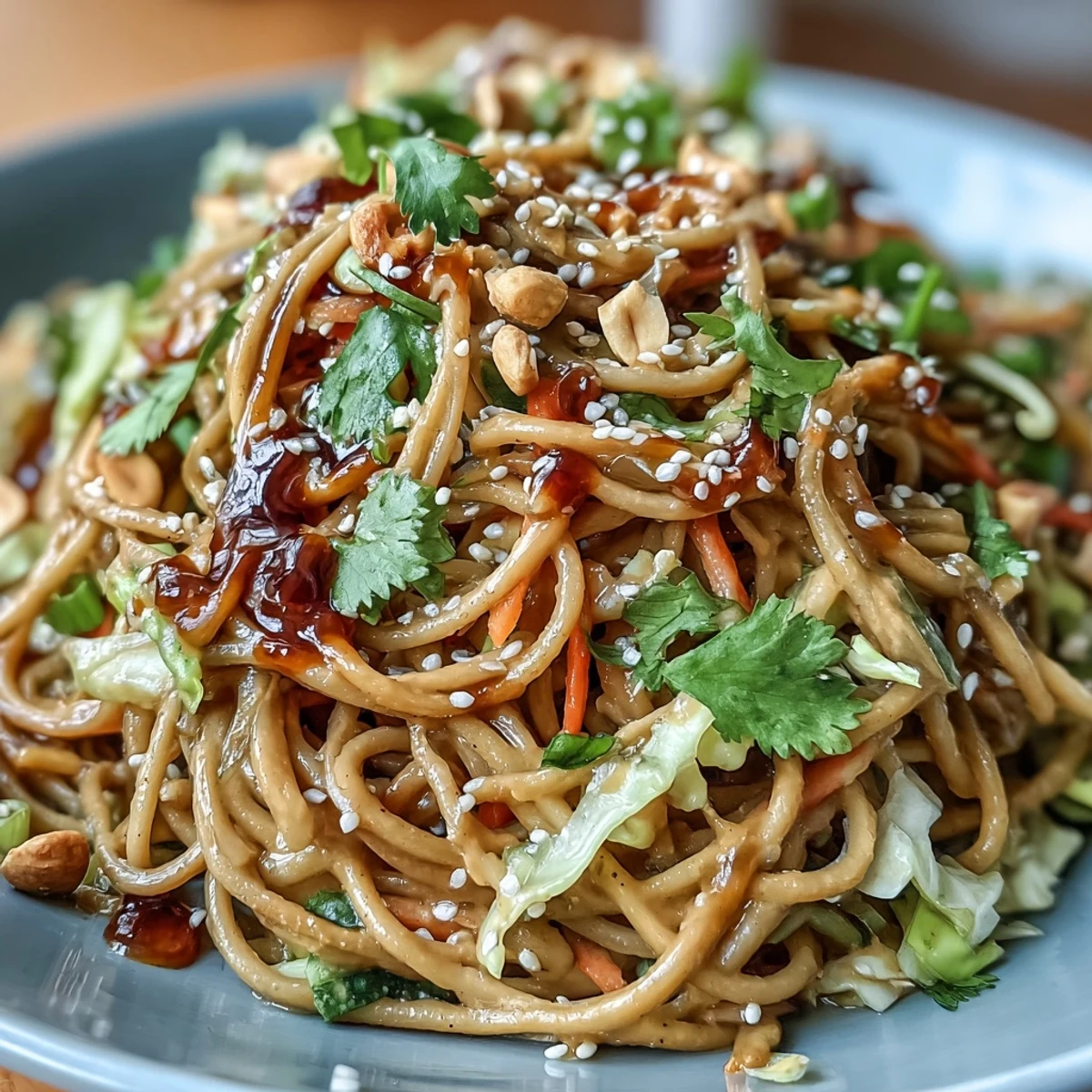 This vibrant vegan spicy peanut soba noodle salad features crisp red and green cabbage, julienned carrots, and a creamy sriracha peanut dressing.