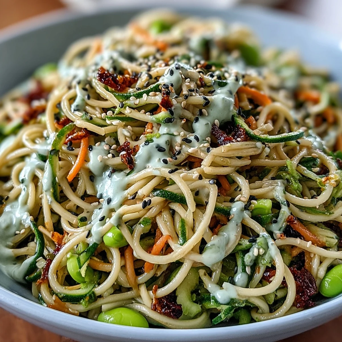 Cold soba noodles in a vibrant sesame ginger dressing, topped with fresh vegetables and toasted sesame seeds.  