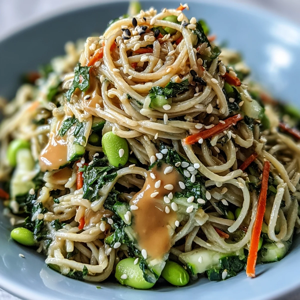 Refreshing Sesame Ginger Noodle Bowl featuring chilled noodles, crunchy veggies, and a savory-sweet sesame dressing.