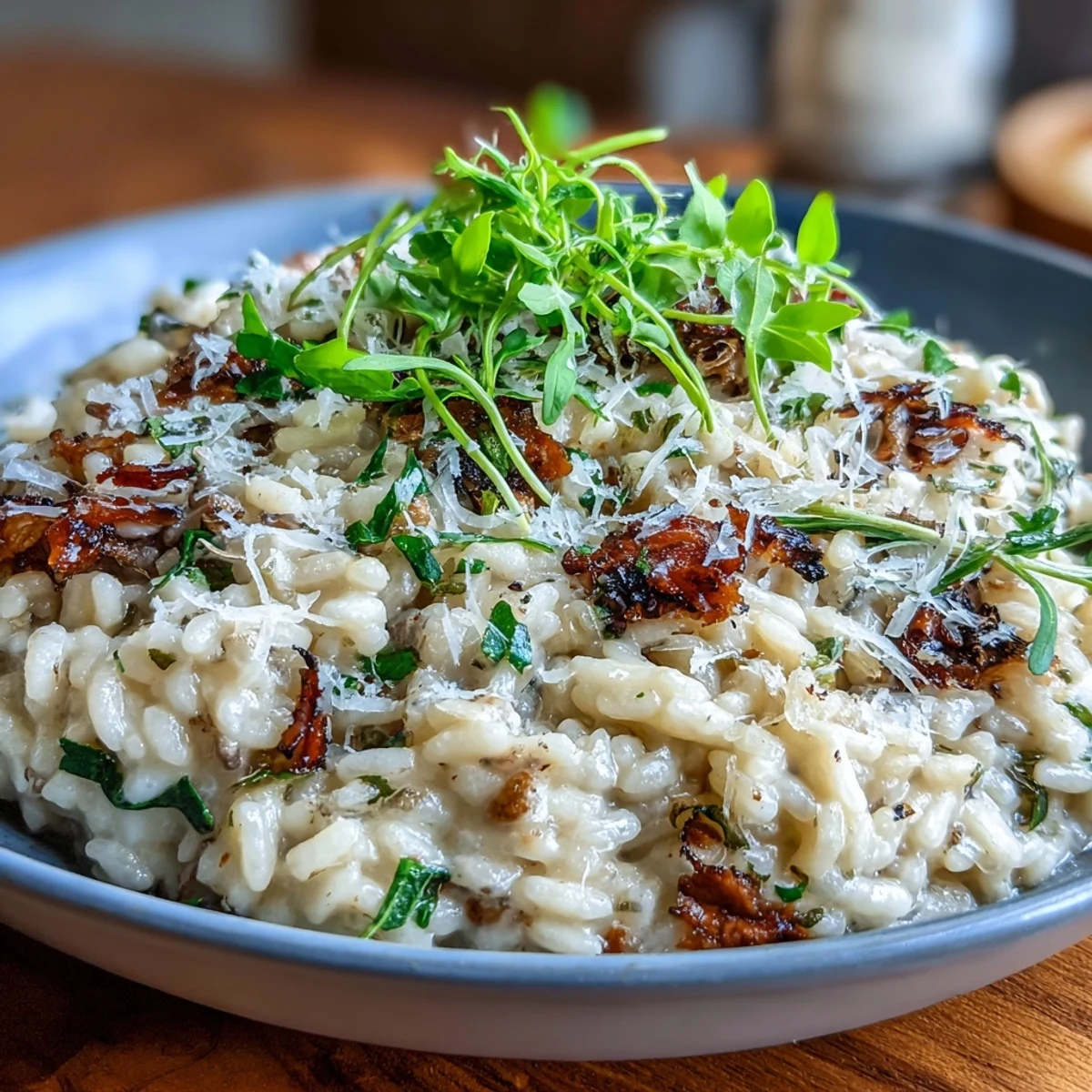 Luxurious truffle risotto with creamy Arborio rice, finished with fresh pea shoots and shaved black truffle.  