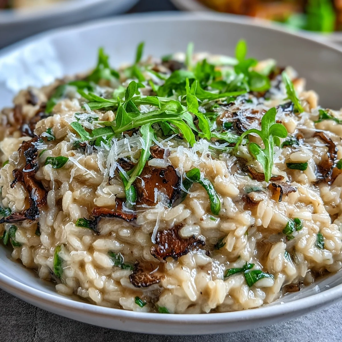 Rich truffle risotto with Parmesan and heavy cream, garnished with fresh pea shoots and delicate truffle shavings.