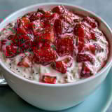 Vibrant strawberry lemonade overnight oats with fresh berries, lemon zest, and poppy seeds for a refreshing breakfast.