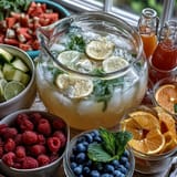 A colorful lemonade bar with classic lemonade, fresh fruit slices, and herbs for guests to create their own refreshing summer drinks.
