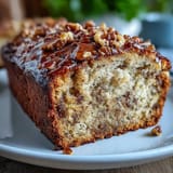 Golden-brown loaf of banana bread with sourdough tang, crunchy walnuts, and a sweet cinnamon sugar topping.  