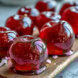Bite-sized red candy apples on sticks, coated in a glossy, crunchy shell—ideal for festive parties and sweet snacking.