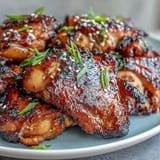 Oven-baked chicken thighs coated in a sticky soy and garlic glaze, caramelized to perfection and sprinkled with toasted sesame seeds.  