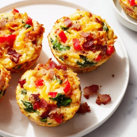 Golden-brown One-Pot Breakfast Casserole Muffins filled with cheese, veggies and savory crumbled bacon.
