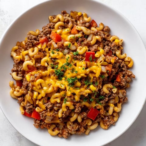 Melted cheddar tops a skillet of Cheeseburger Chili Mac, a hearty and flavorful American comfort food.