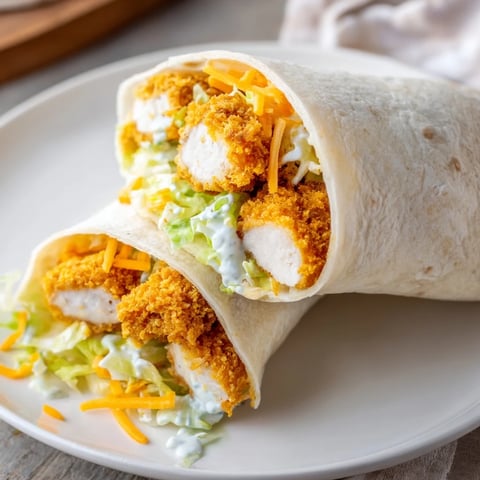 Crispy golden chicken pieces, cheddar, and ranch dressing filling a delicious Crispy Chicken Ranch Snack Wrap.