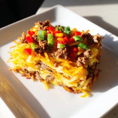 Quick Christmas Morning Hash Brown Bake, bubbling with melted cheddar and crispy hash browns.