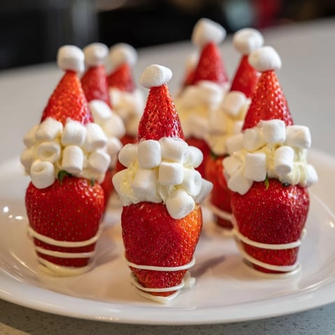 Bright red Air Fryer Santa Hat Strawberries sit with creamy cheesecake filling, ready to serve as a festive treat.