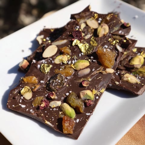 A close up image of the rich, dark Dubai Chocolate Bark sprinkled with colorful nuts and fruit.
