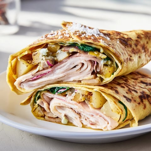 Simple Christmas Leftover Wrap Hack: a vibrant wrap filled with sliced turkey and flavorful stuffing.