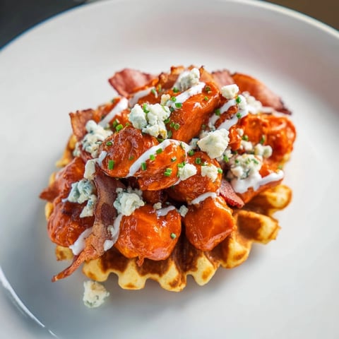 Crispy Buffalo Chicken and Bacon Waffle Bites, a savory appetizer ready to be savored warm!