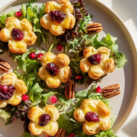Golden baked Cranberry and Brie Flower Bites, warm brie oozing from the flaky pastry's center, ready to enjoy.