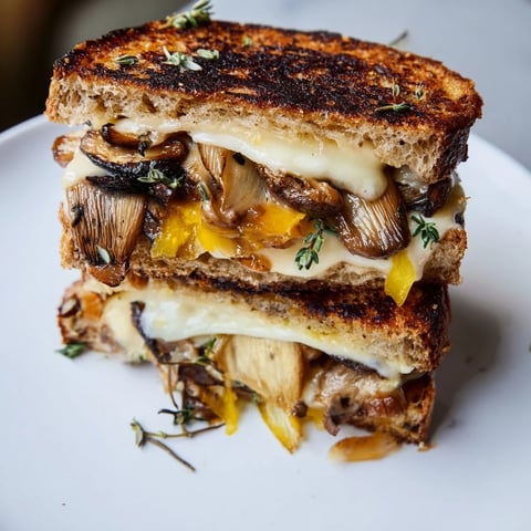 Golden, melty Roast Garlic Mushroom & Thyme Grilled Cheese, oozing with cheese and mushrooms, ready to serve.