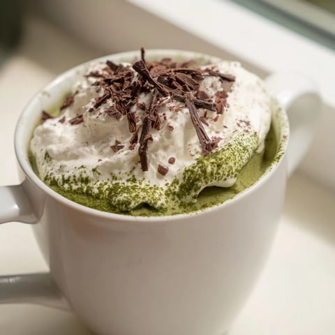 Steaming Matcha Hot Cocoa Protein Mug topped with whipped cream, ready for a cozy treat.