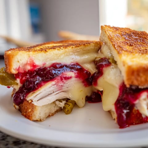 Air Fryer Jalapeño Cranberry Turkey Grilled Cheese, golden and bubbly, sliced and ready to serve.